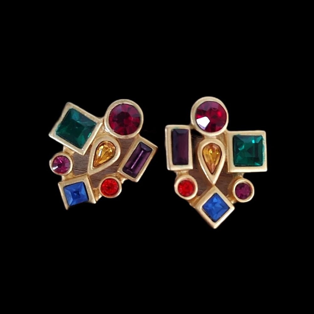 Multi-Color Glass Gems Faux Gold-Tone Pierced Earrings Brass